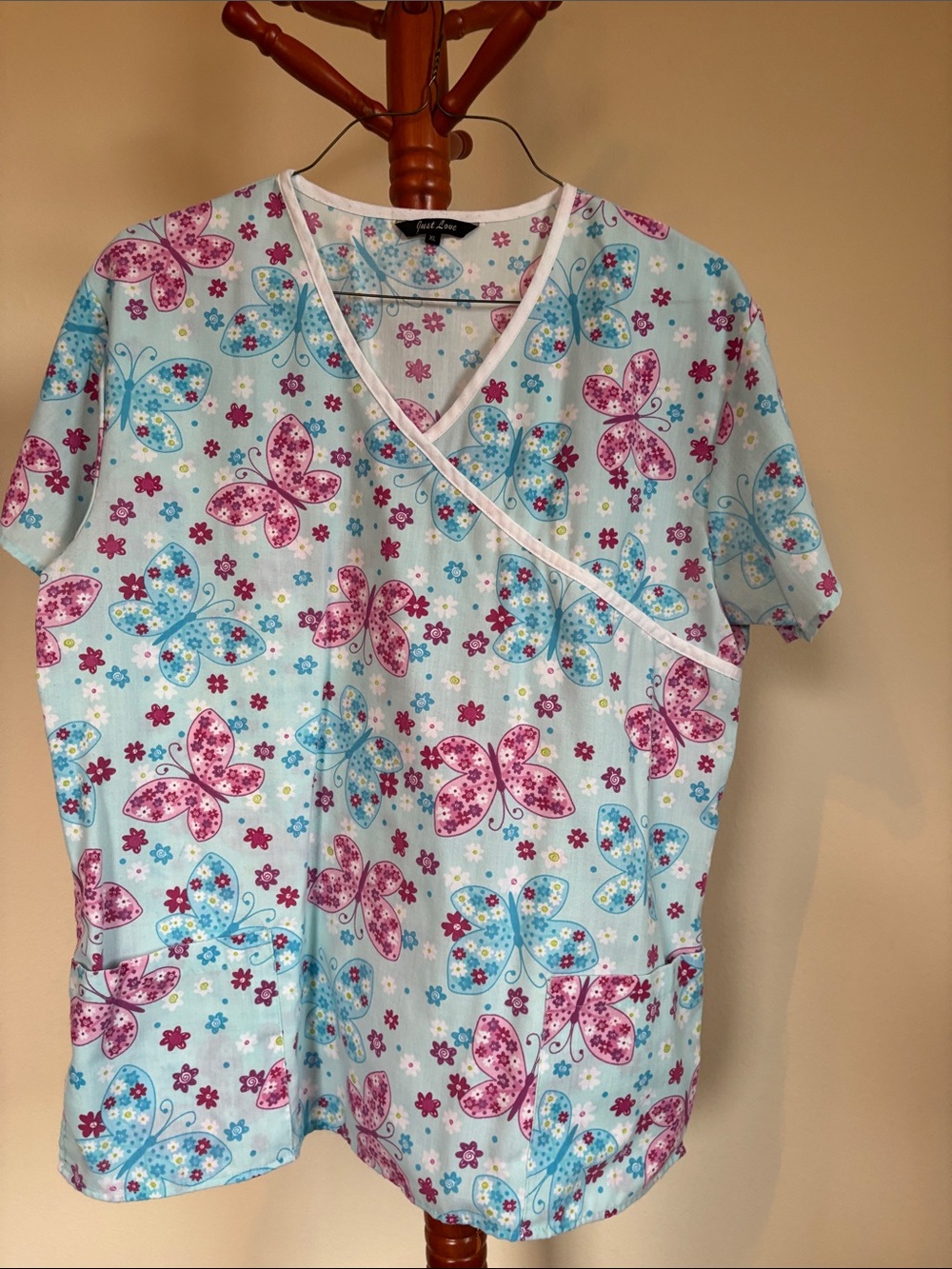 Just Love Butterfly Wrap Scrub Top in Light Blue and Pink